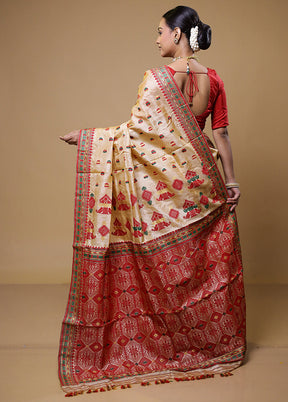 Cream Handloom Assam Pure Silk Saree With Blouse Piece