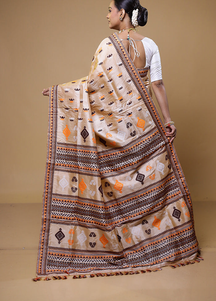 Cream Handloom Assam Pure Silk Saree With Blouse Piece