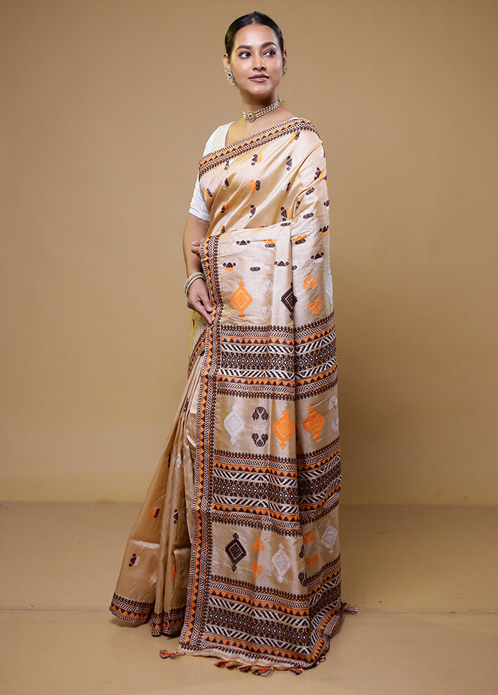 Cream Handloom Assam Pure Silk Saree With Blouse Piece