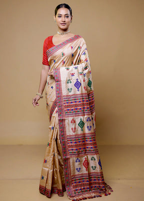 Cream Handloom Assam Pure Silk Saree With Blouse Piece