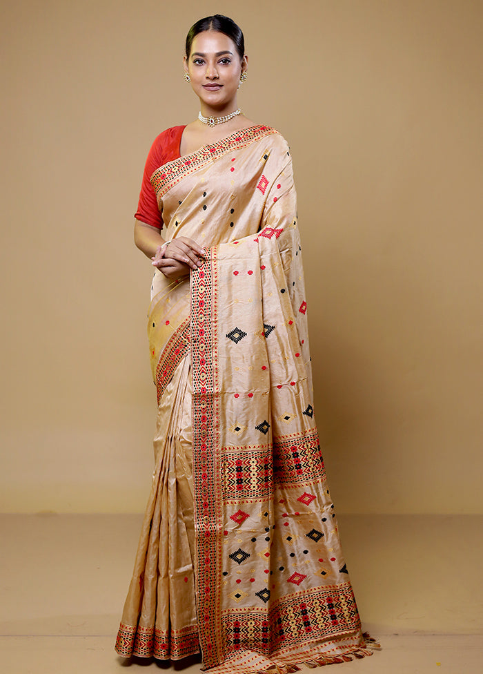 Cream Handloom Assam Pure Silk Saree With Blouse Piece