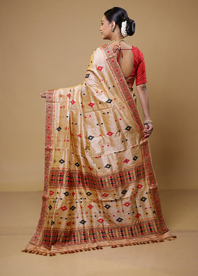 Cream Handloom Assam Pure Silk Saree With Blouse Piece