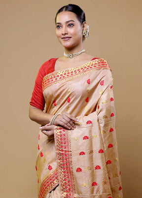 Cream Handloom Assam Pure Silk Saree With Blouse Piece