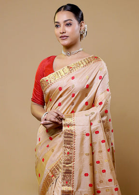 Cream Handloom Assam Pure Silk Saree With Blouse Piece