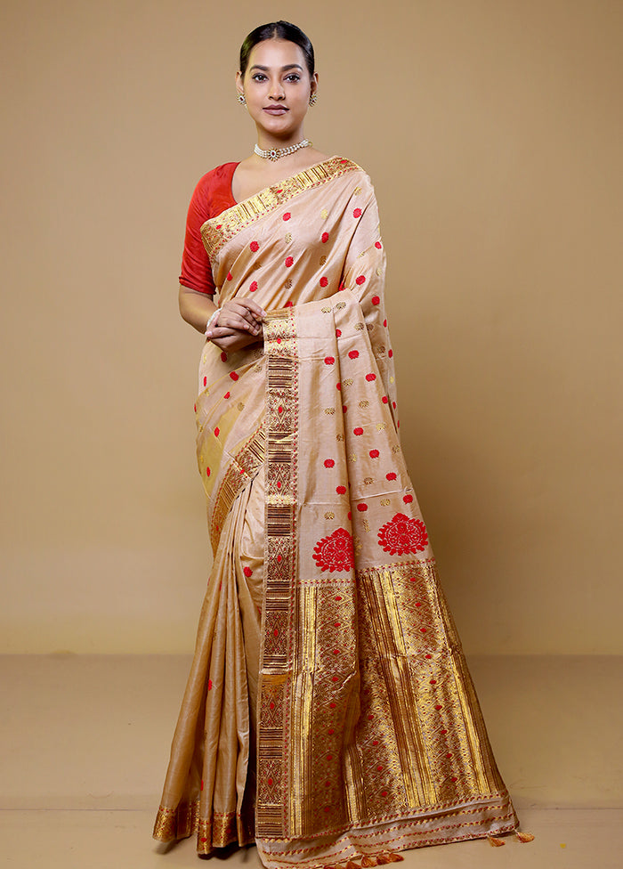 Cream Handloom Assam Pure Silk Saree With Blouse Piece