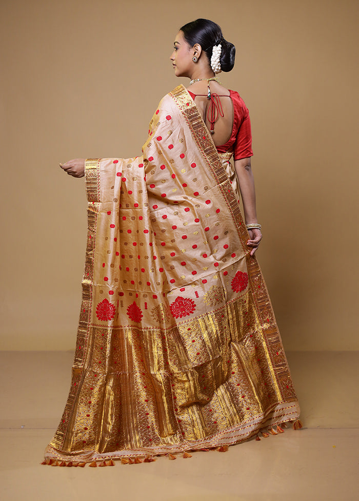 Cream Handloom Assam Pure Silk Saree With Blouse Piece