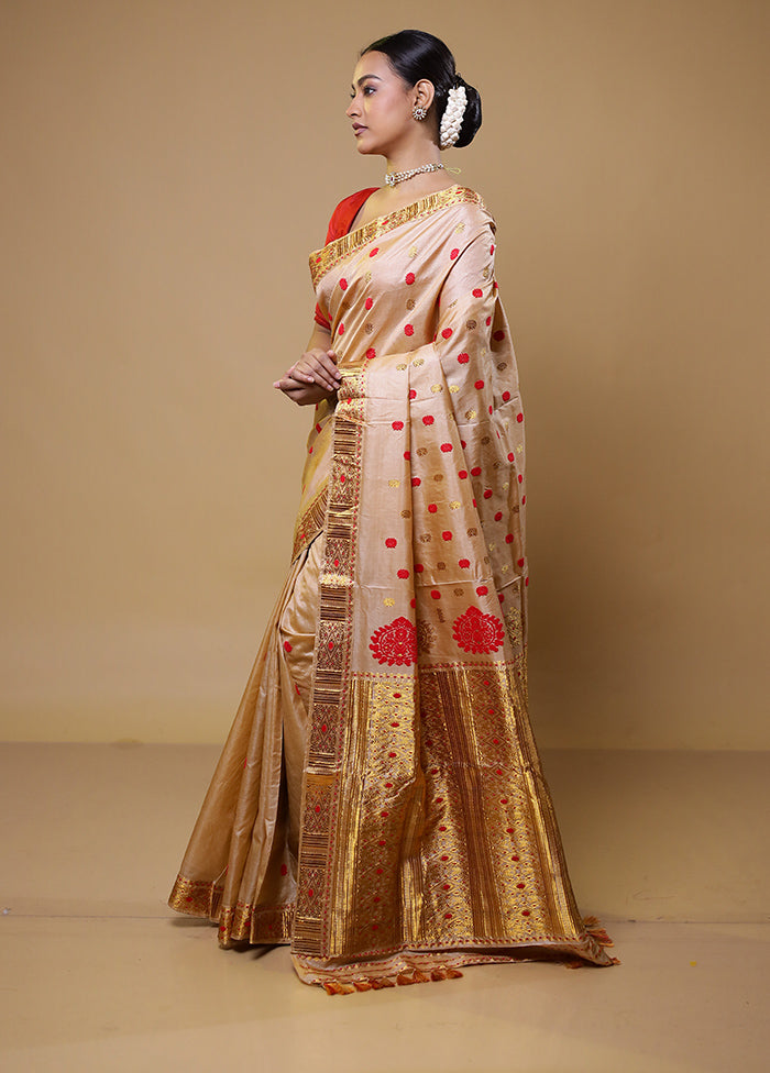 Cream Handloom Assam Pure Silk Saree With Blouse Piece