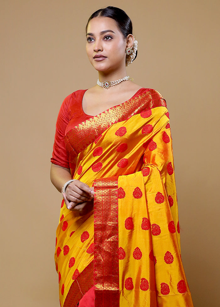 Yellow Handloom Assam Pure Silk Saree With Blouse Piece