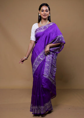 Purple Printed Pure Silk Saree Without Blouse Piece