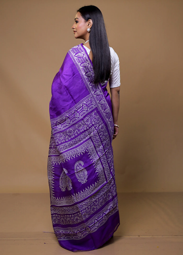 Purple Printed Pure Silk Saree Without Blouse Piece