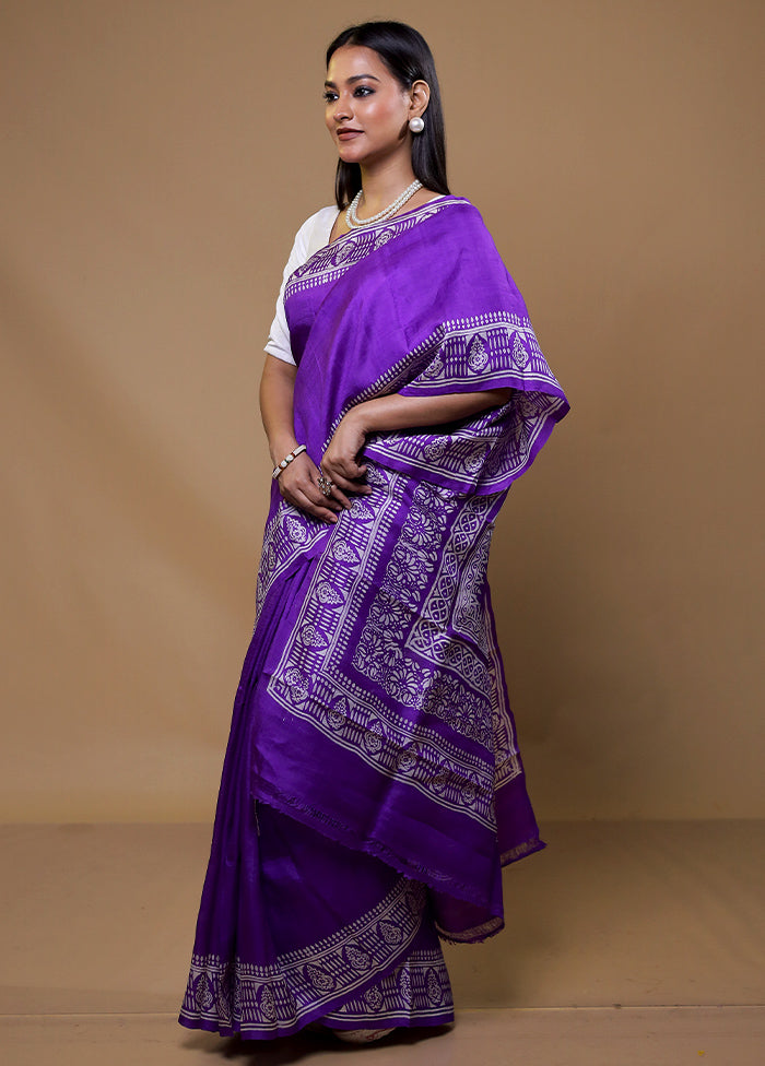 Purple Printed Pure Silk Saree Without Blouse Piece