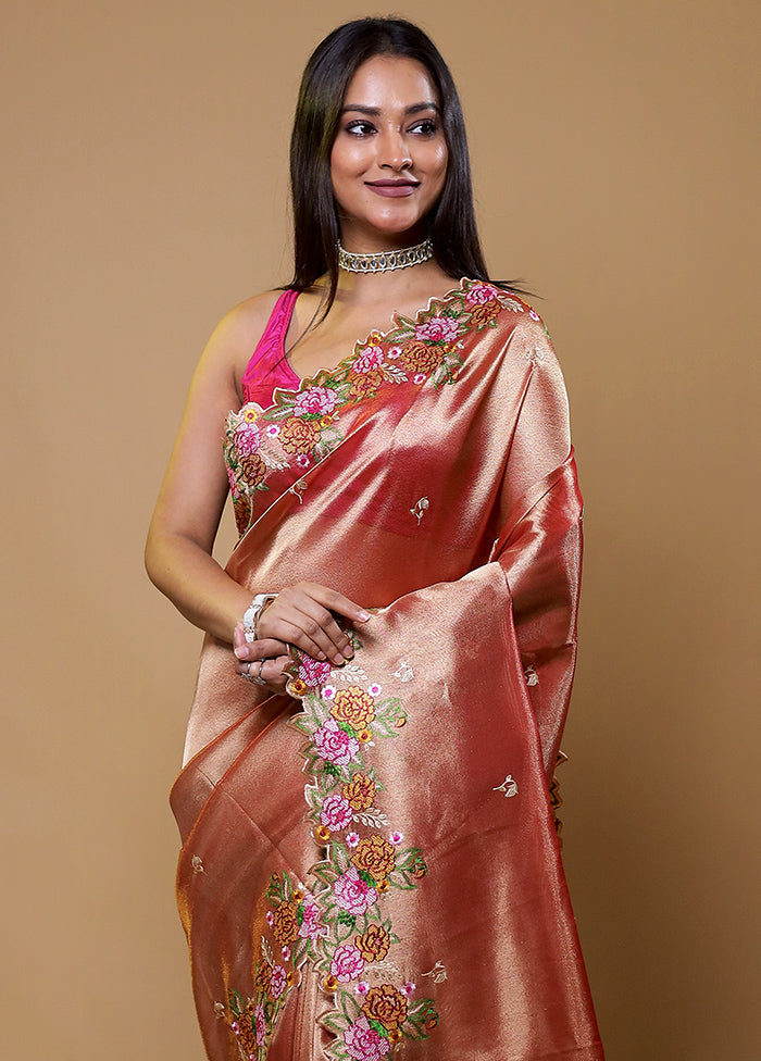 Peach Tissue Silk Saree With Blouse Piece