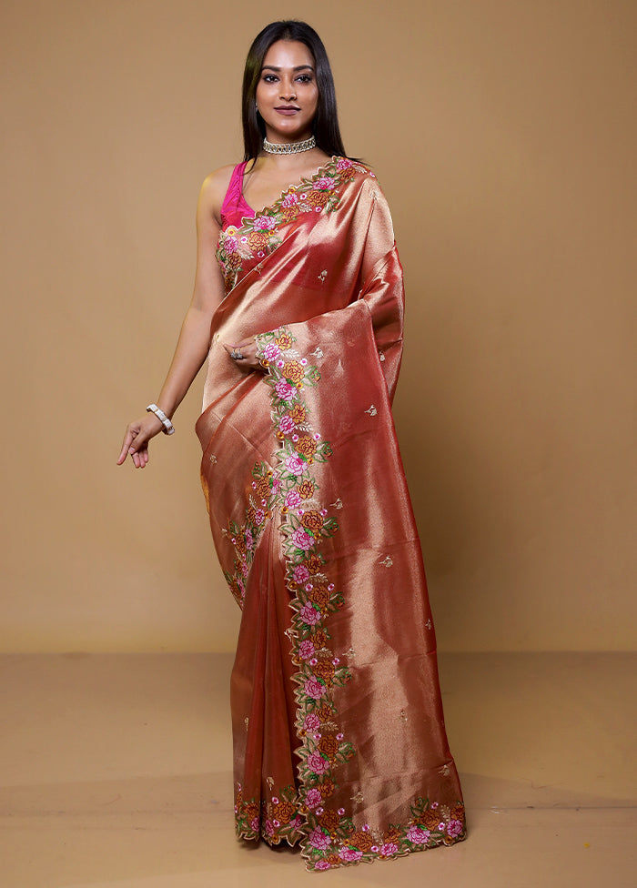 Peach Tissue Silk Saree With Blouse Piece