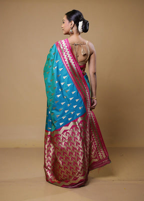 Blue Dupion Silk Saree With Blouse Piece