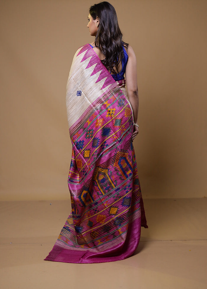 Cream Tussar Silk Saree With Blouse Piece