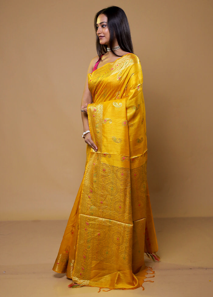 Yellow Tussar Silk Saree With Blouse Piece