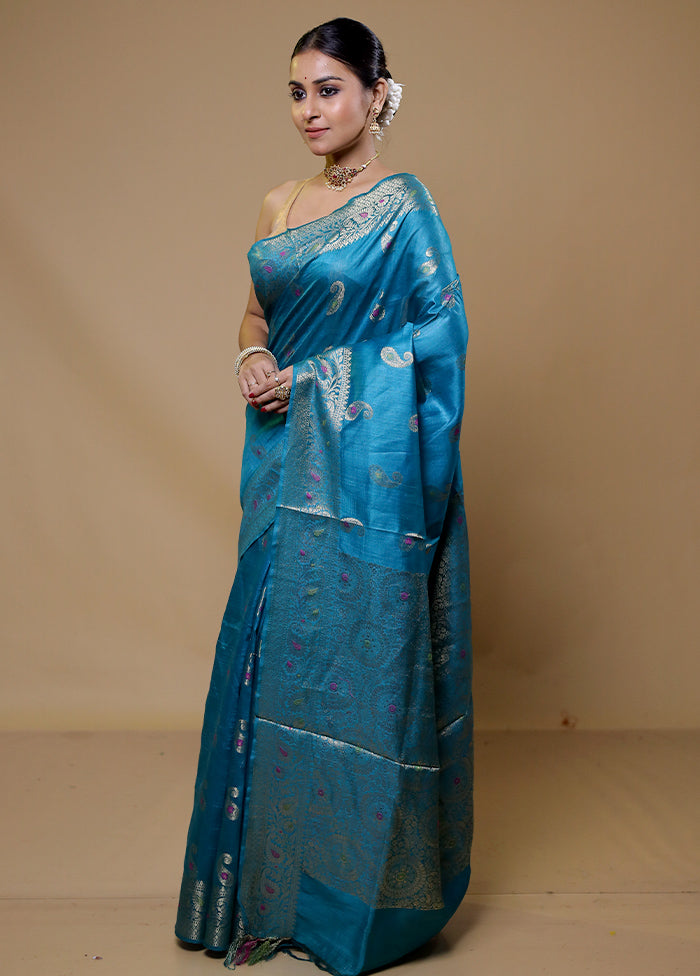 Blue Tussar Silk Saree With Blouse Piece