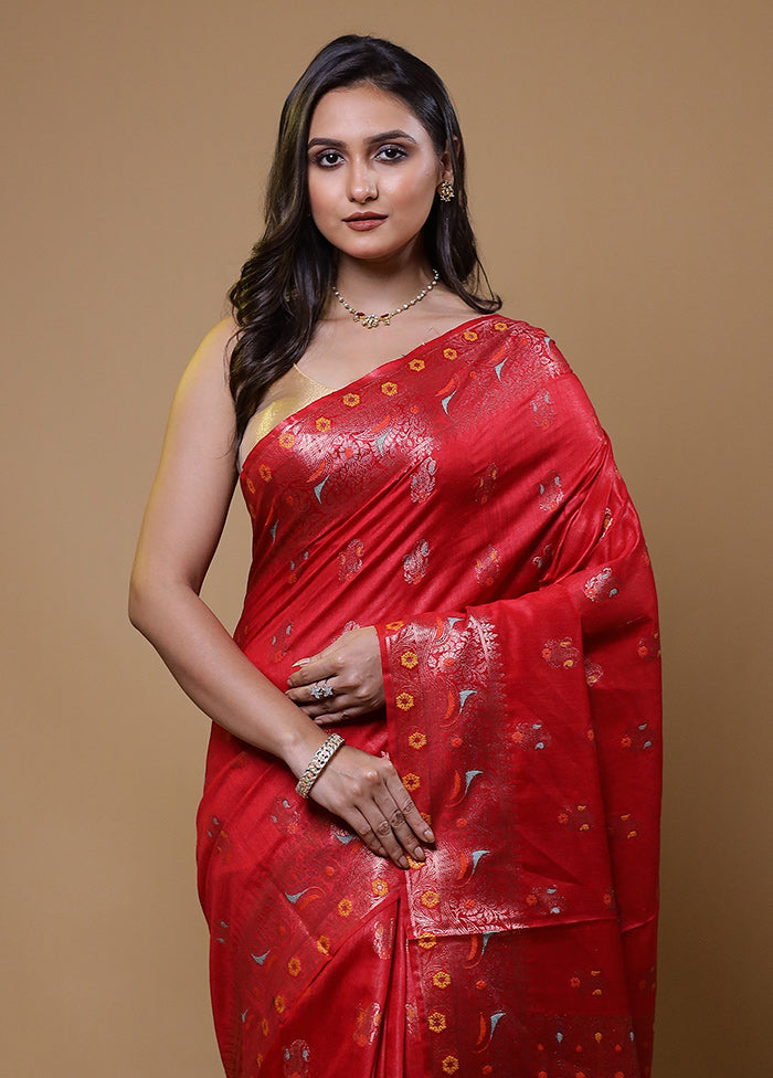 Red Tussar Silk Saree With Blouse Piece