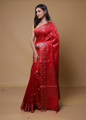 Red Tussar Silk Saree With Blouse Piece