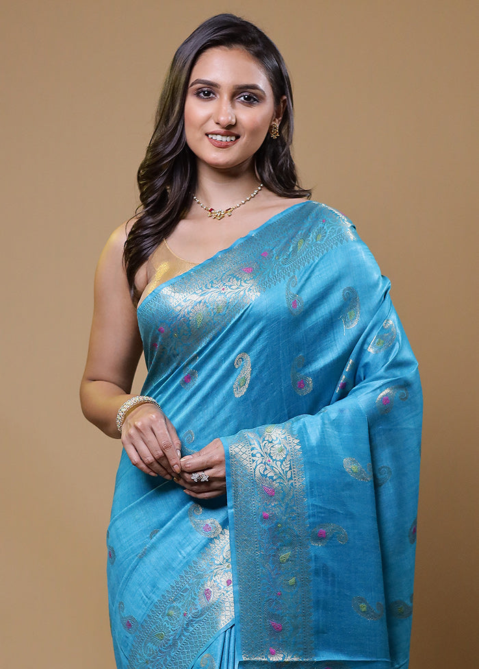 Blue Tussar Silk Saree With Blouse Piece