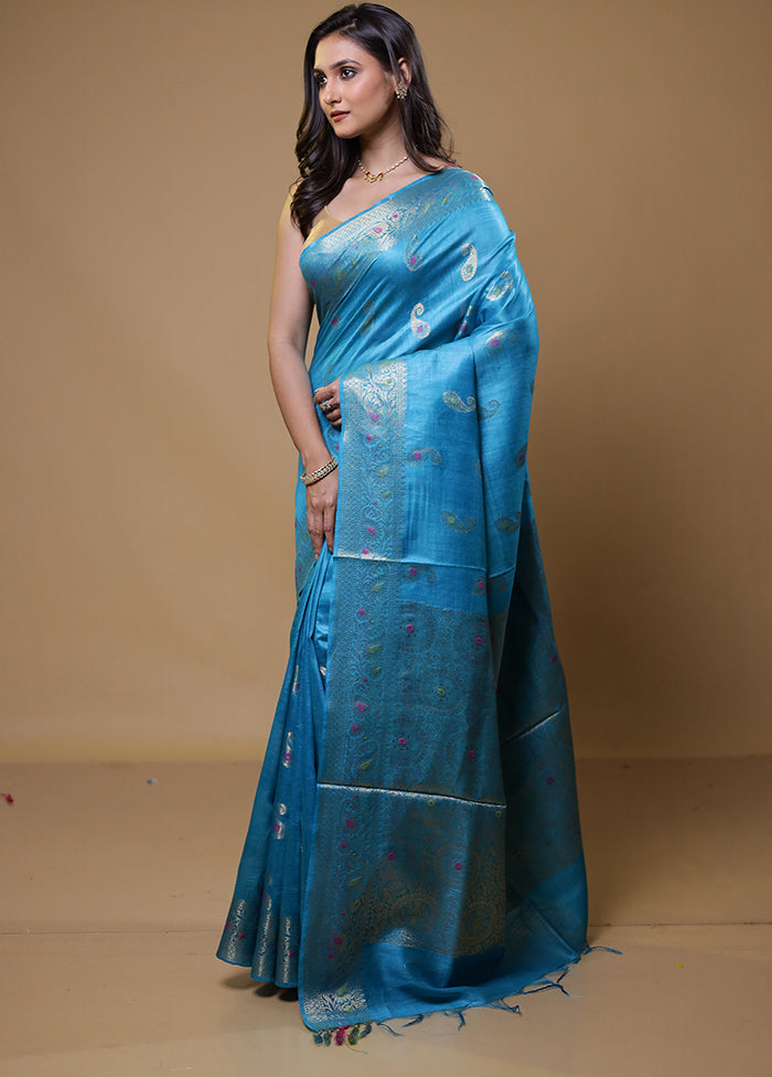 Blue Tussar Silk Saree With Blouse Piece