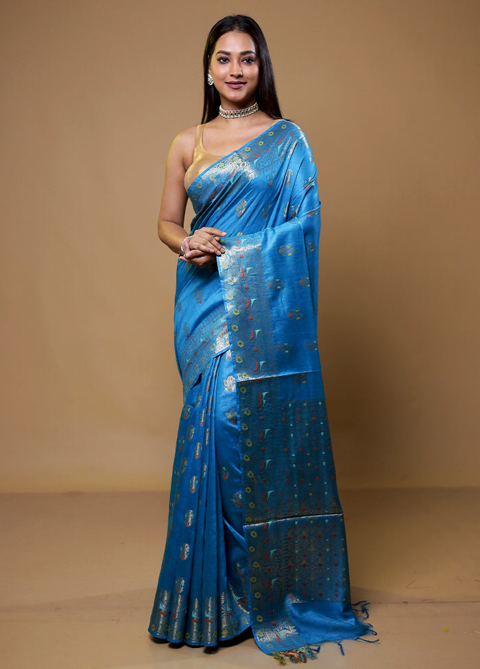 Blue Tussar Silk Saree With Blouse Piece