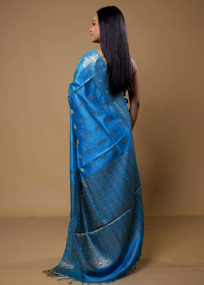 Blue Tussar Silk Saree With Blouse Piece