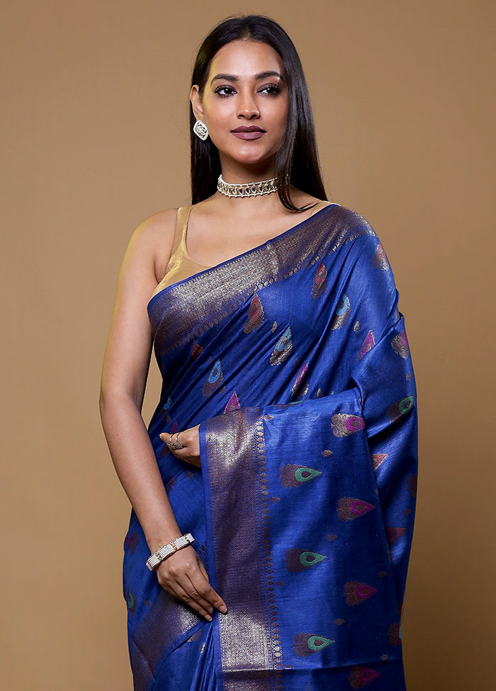 Blue Tussar Silk Saree With Blouse Piece