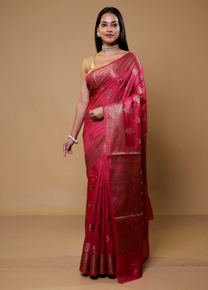 Pink Tussar Silk Saree With Blouse Piece