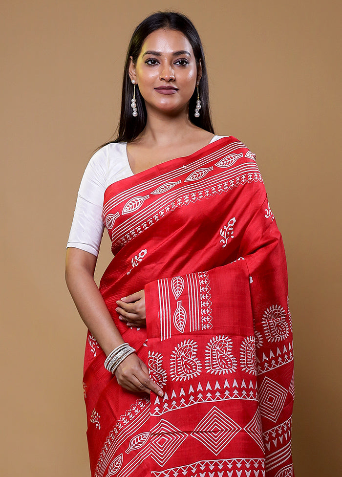 Red Printed Pure Silk Saree Without Blouse Piece