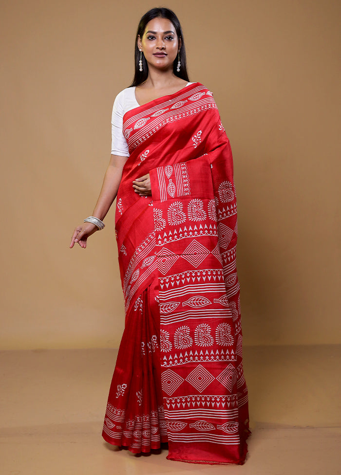 Red Printed Pure Silk Saree With Blouse Piece