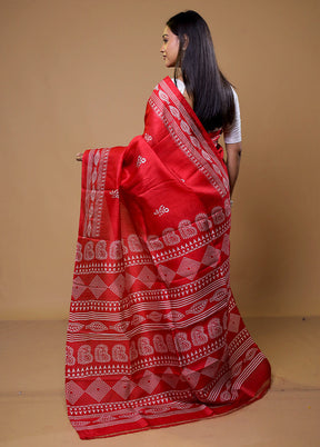 Red Printed Pure Silk Saree With Blouse Piece