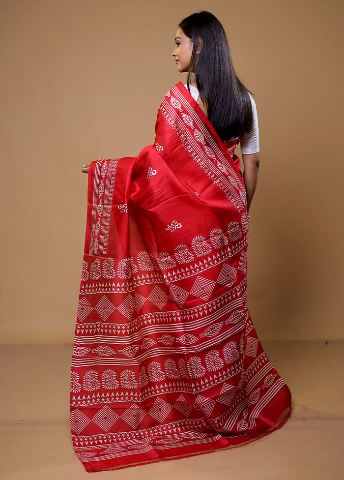 Red Printed Pure Silk Saree With Blouse Piece