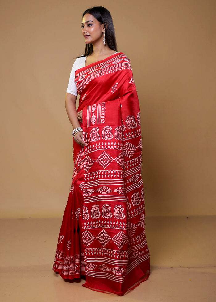 Red Printed Pure Silk Saree Without Blouse Piece