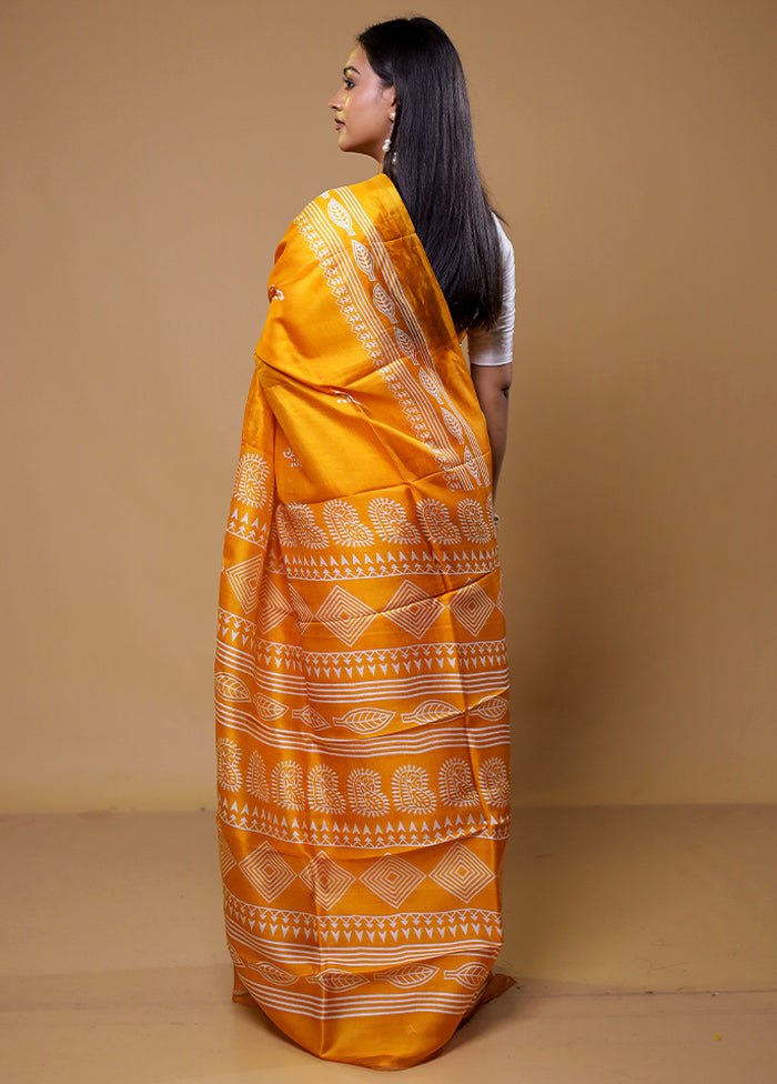 Yellow Printed Pure Silk Saree Without Blouse Piece