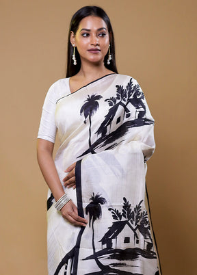 White Printed Pure Silk Saree Without Blouse Piece