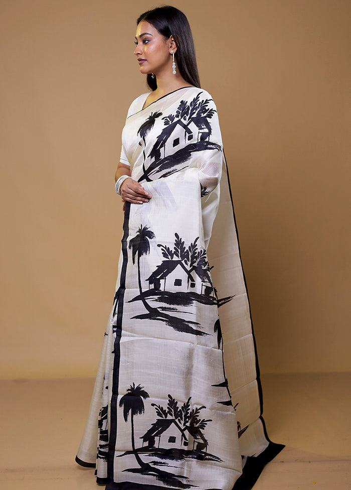 White Printed Pure Silk Saree Without Blouse Piece