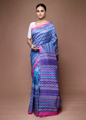 Blue Printed Pure Silk Saree Without Blouse Piece