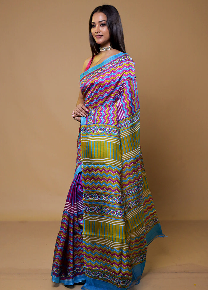 Purple Printed Pure Silk Saree Without Blouse Piece