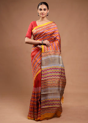 Yellow Printed Pure Silk Saree Without Blouse Piece