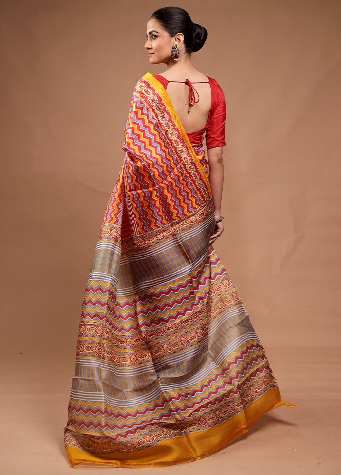 Yellow Printed Pure Silk Saree Without Blouse Piece