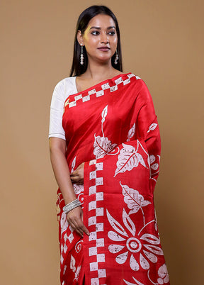 Red Printed Pure Silk Saree Without Blouse Piece