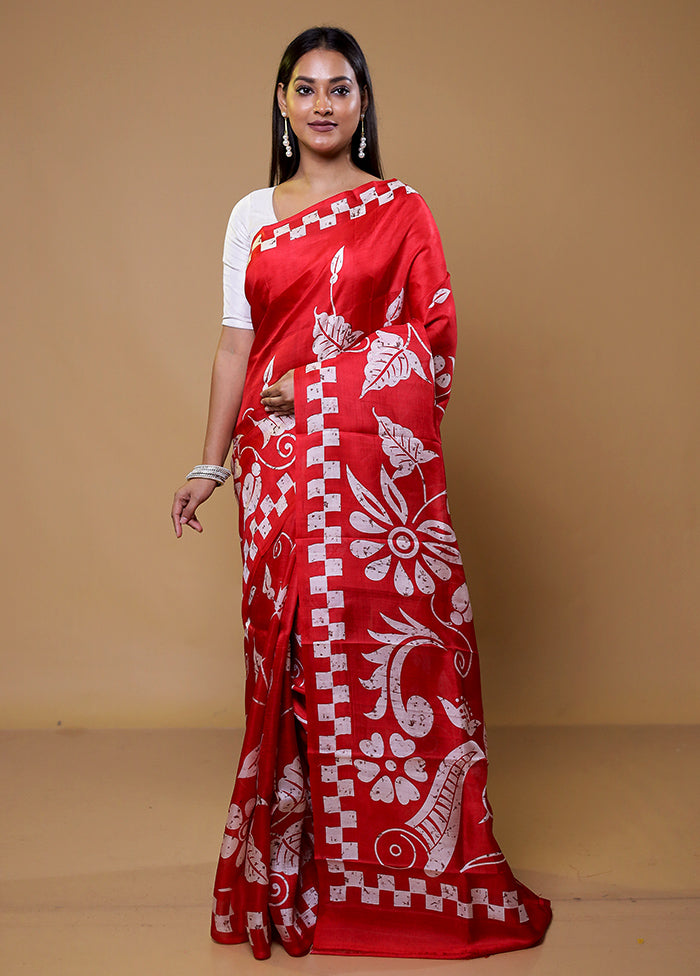 Red Printed Pure Silk Saree Without Blouse Piece