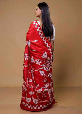 Red Printed Pure Silk Saree Without Blouse Piece