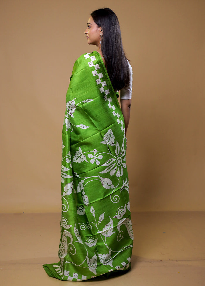 Green Printed Pure Silk Saree Without Blouse Piece