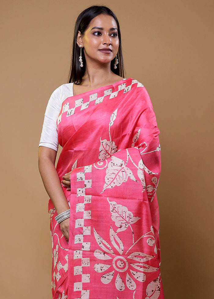 Pink Printed Pure Silk Saree Without Blouse Piece