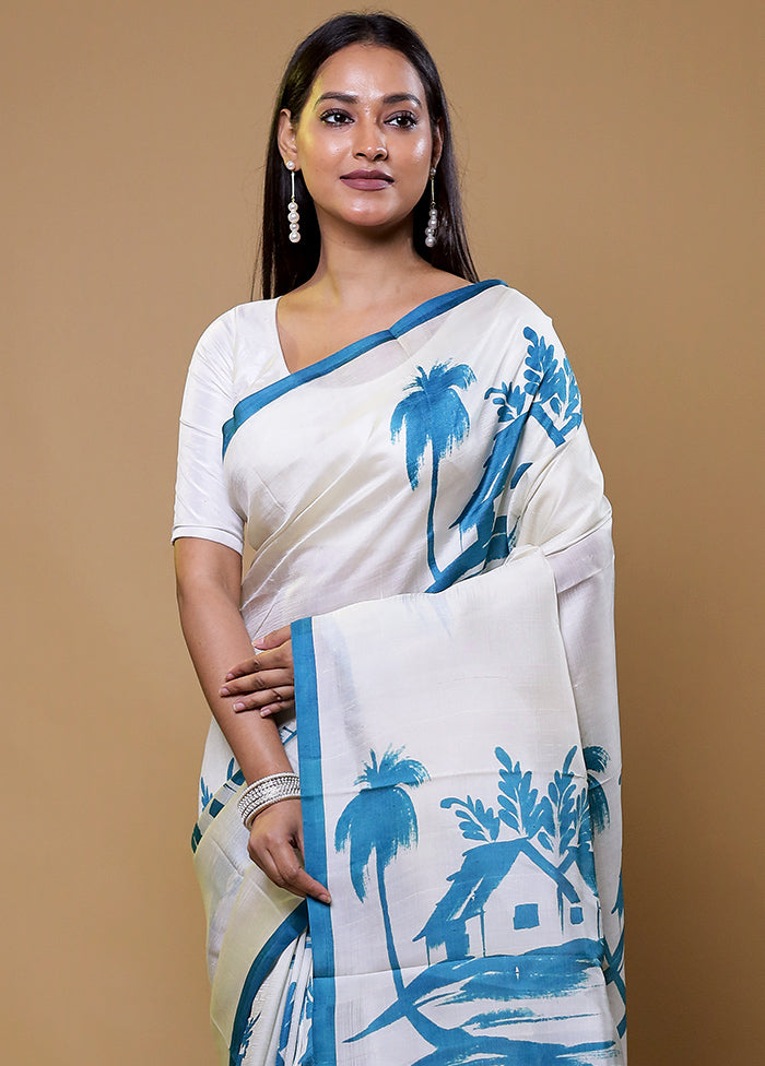 White Printed Pure Silk Saree Without Blouse Piece