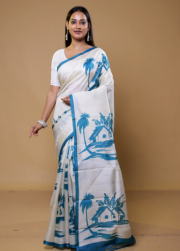 White Printed Pure Silk Saree Without Blouse Piece