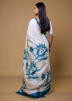 White Printed Pure Silk Saree Without Blouse Piece