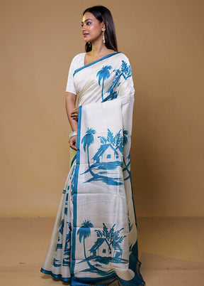 White Printed Pure Silk Saree Without Blouse Piece